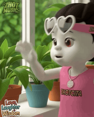 A Cartoon Girl Wearing Heart Shaped Sunglasses And A Shirt That Says ' Love Laughter Wisdom ' On It GIF