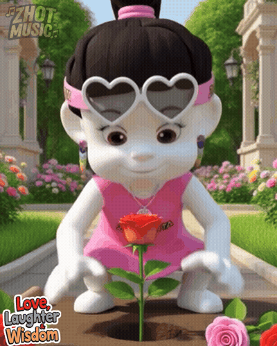 A Cartoon Girl Wearing Heart Shaped Sunglasses Is Planting A Rose Into The Ground GIF