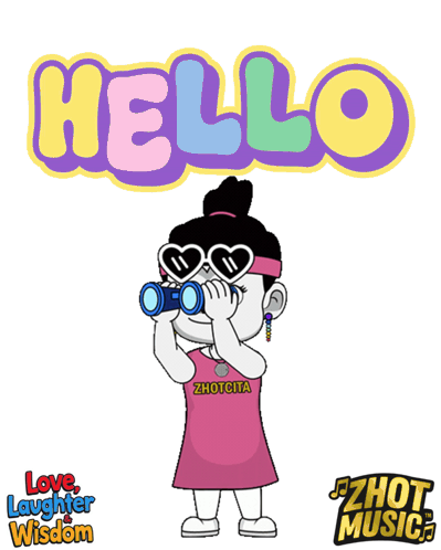 A Cartoon Girl Wearing Heart Shaped Sunglasses Is Standing In Front Of A Sign That Says Hello GIF