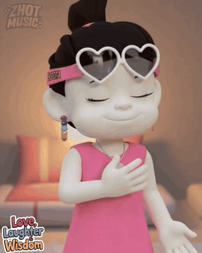 A Cartoon Girl Wearing Heart Shaped Sunglasses With The Words Love Laughter Wisdom Written Below Her GIF