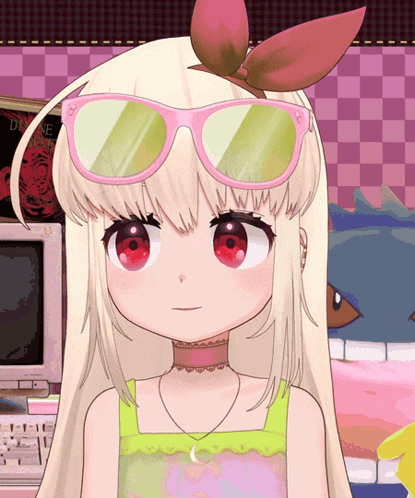 A Cartoon Girl Wearing Sunglasses And A Bow On Her Head GIF