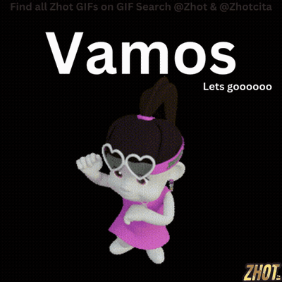 A Cartoon Girl Wearing Sunglasses And A Pink Dress Says " Vamos Lets Gooooo " GIF