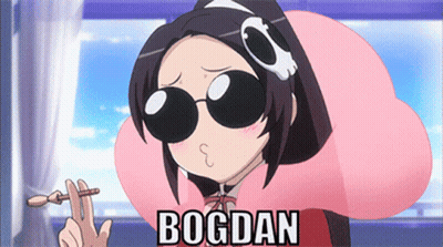 A Cartoon Girl Wearing Sunglasses And A Pink Pillow With The Name Bogdan On It GIF