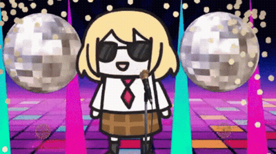 A Cartoon Girl Wearing Sunglasses And A Tie Is Singing Into A Microphone In Front Of Disco Balls . GIF