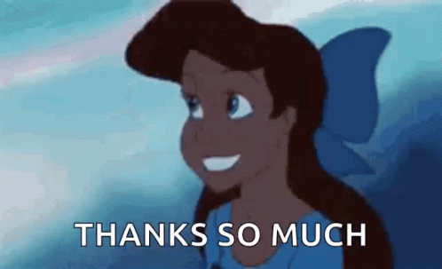 A Cartoon Girl With A Blue Bow On Her Head Is Smiling And Saying `` Thanks So Much '' . GIF