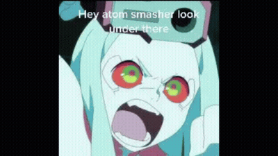 A Cartoon Girl With A Camera On Her Head Is Screaming And Saying `` Hey Atom Smasher Look Under There '' . GIF