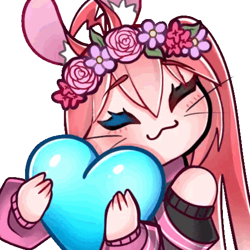 A Cartoon Girl With A Flower Crown On Her Head Is Holding A Blue Heart Sticker