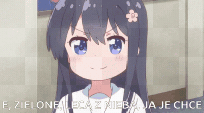 A Cartoon Girl With A Flower In Her Hair Says " E, Zielone, Leca Z Nieba Ja Je Chce " GIF