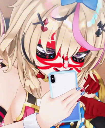 A Cartoon Girl With A Mask On Her Face Is Holding A Cell Phone GIF