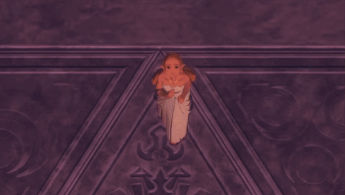 A Cartoon Girl With A Necklace On Her Neck Is Standing In Front Of A Purple Wall . GIF