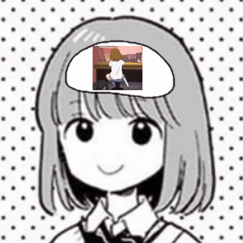 A Cartoon Girl With A Picture Of A Girl Sitting At A Desk In Her Head . GIF