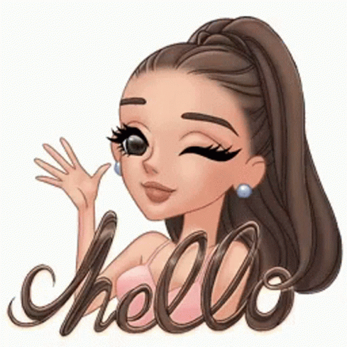 A Cartoon Girl With A Ponytail Is Waving Her Hand And The Word Hello Is Behind Her . GIF