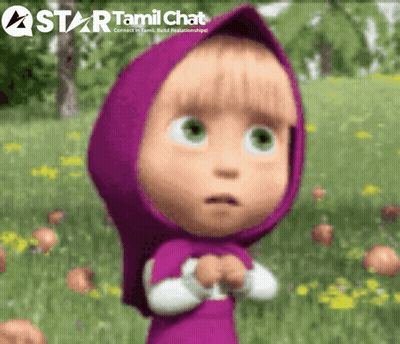 A Cartoon Girl With A Purple Head Scarf And A Star Tamil Chat Logo Behind Her GIF