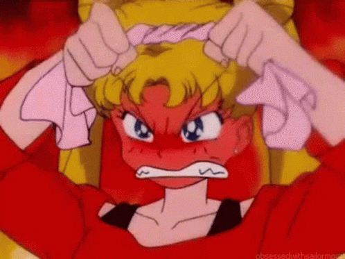 A Cartoon Girl With A Red Face Is Holding A Towel In Her Hands And Making A Funny Face . GIF