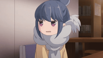 A Cartoon Girl With A Scarf Around Her Neck Is Sitting In Front Of A Bookshelf GIF