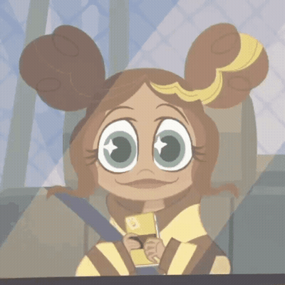 A Cartoon Girl With Big Eyes Is Sitting In A Car Seat Holding A Nintendo Switch GIF