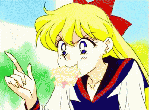 A Cartoon Girl With Blonde Hair And A Red Bow On Her Head Is Pointing Up . GIF