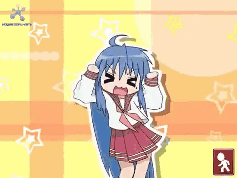 A Cartoon Girl With Blue Hair And A Red Skirt Is Dancing In Front Of A Yellow Background . GIF