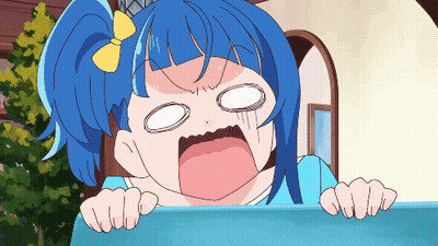 A Cartoon Girl With Blue Hair And A Yellow Bow On Her Head GIF