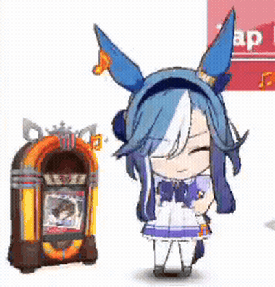 A Cartoon Girl With Blue Hair And Ears Is Standing Next To A Jukebox . GIF