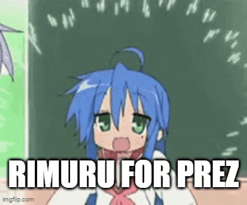 A Cartoon Girl With Blue Hair And Green Eyes Is Standing In Front Of A Blackboard With The Words Rimuru For Prez Written GIF