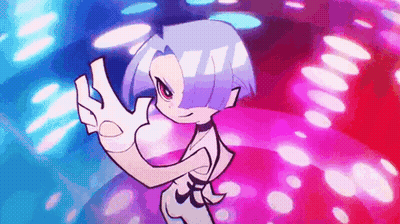 A Cartoon Girl With Blue Hair And White Gloves Is Standing In Front Of A Pink And Blue Background . GIF