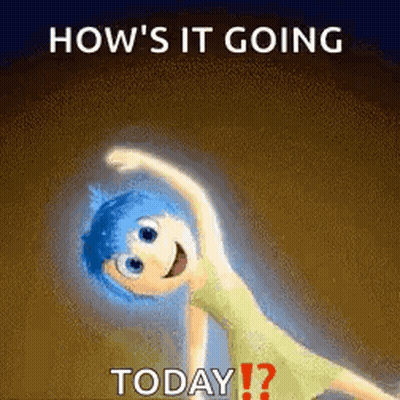 A Cartoon Girl With Blue Hair Is Doing A Yoga Pose With The Words How 'S It Going Today ? GIF