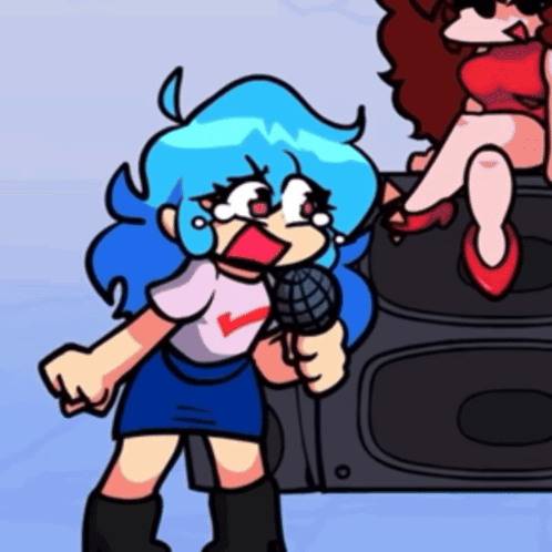 A Cartoon Girl With Blue Hair Is Holding A Microphone And Crying GIF