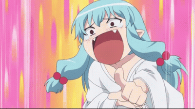 A Cartoon Girl With Blue Hair Is Pointing Her Finger At The Camera GIF