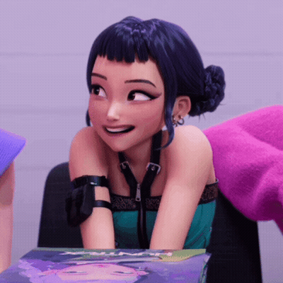 A Cartoon Girl With Blue Hair Is Smiling While Sitting In A Chair GIF