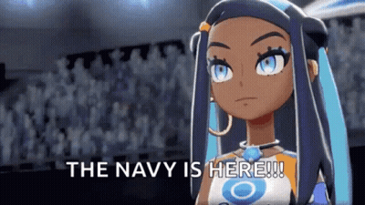 A Cartoon Girl With Blue Hair Is Standing In Front Of A Crowd And Says The Navy Is Here . GIF