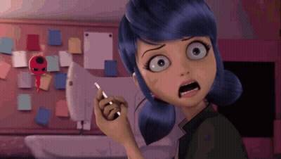 A Cartoon Girl With Blue Hair Is Standing In Front Of A Sewing Machine And Holding A Pen . GIF