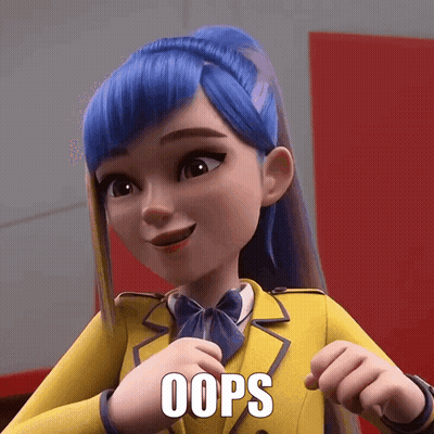 A Cartoon Girl With Blue Hair Is Wearing A Yellow School Uniform And Has The Word Oops Written On Her Face GIF