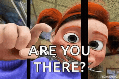 A Cartoon Girl With Braces On Her Teeth Is Behind Bars And Says " Are You There " GIF