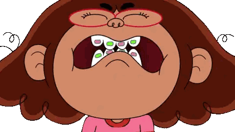 A Cartoon Girl With Braces On Her Teeth Is Making An Angry Face Sticker