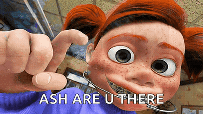 A Cartoon Girl With Braces On Her Teeth Is Pointing At The Camera With The Caption Ash Are U There GIF