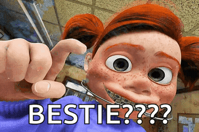 A Cartoon Girl With Braces On Her Teeth Points At The Camera And Says Bestie GIF
