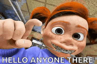 A Cartoon Girl With Braces On Her Teeth Says Hello Anyone There .. GIF