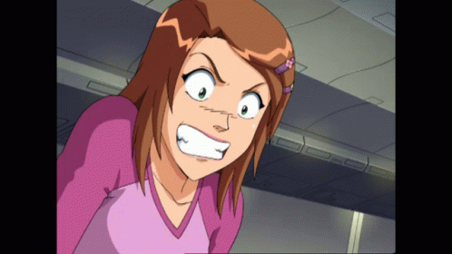 A Cartoon Girl With Brown Hair And A Pink Shirt Is Making A Funny Face GIF