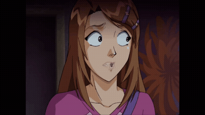 A Cartoon Girl With Brown Hair And A Purple Shirt Making A Funny Face GIF