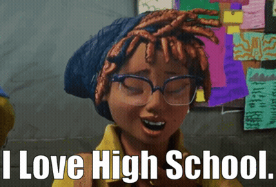 A Cartoon Girl With Dreadlocks And Glasses Says " I Love High School " GIF