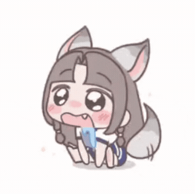 A Cartoon Girl With Fox Ears Is Sitting Down With A Phone In Her Mouth . GIF