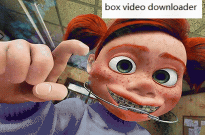 A Cartoon Girl With Freckles And Braces Is Pointing At The Camera With A Box Video Downloader Written Above Her GIF