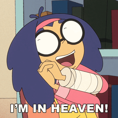 A Cartoon Girl With Glasses And A Bandaged Arm Says I 'M In Heaven GIF