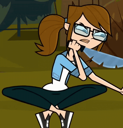 A Cartoon Girl With Glasses Is Squatting Down With Her Hands On Her Chin GIF