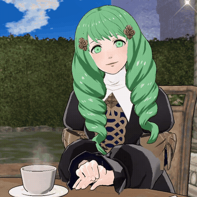 A Cartoon Girl With Green Hair Is Sitting At A Table With A Cup Of Coffee GIF