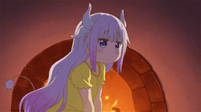 A Cartoon Girl With Horns And A Tail Is Standing In Front Of A Fireplace . GIF