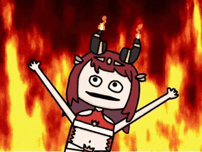A Cartoon Girl With Horns Is Standing In Front Of A Fire With Her Arms Outstretched . GIF