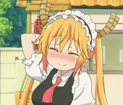 A Cartoon Girl With Long Blonde Hair And Horns Is Smiling . GIF