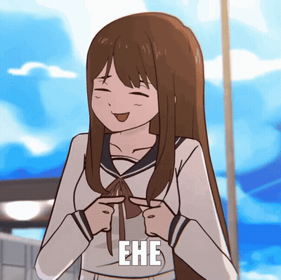 A Cartoon Girl With Long Brown Hair Is Pointing At Herself With The Word Ehe Written Below Her GIF